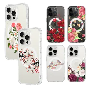 Floral Design Protective Women Girls Magnetic Back Cover For Apple iPhone 14 15 pro max Plus Clear Phone Cases