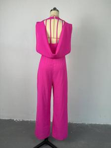 Nuova <span class=keywords><strong>Tuta</strong></span> Intera da Donna alla Moda, <span class=keywords><strong>Fucsia</strong></span>, Senza Maniche, Collo Tondo, Schiena Scoperta, Stile Unico, Gamba Larga - Product Image 5