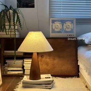 Solid Wood Conical Base <b>Bedside</b> Lamp with Linen Tapered Shade, Vintage Retro Accent Lamp for Bedroom Living Room Office Desk - Product Image 3