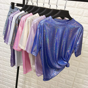 New <span class=keywords><strong>Summer</strong></span> Retro Style Stilvolle helle Seide Frau <span class=keywords><strong>Tops</strong></span> Shiny Loose Kurzarm T-Shirt Sexy Club Ästhetische Harajuku Frauen T-Shirt - Product Image 1