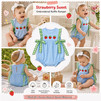 Combinaison à volants en coton 100% certifié CPC Puresun, broderie fraise, nœuds en gingham, fermeture à boutons pression, pour bébés filles de 0 à 3 ans