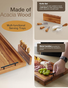 <span class=keywords><strong>Grand</strong></span> <span class=keywords><strong>plateau</strong></span> <span class=keywords><strong>à</strong></span> charcuterie en acacia avec poignées et ensemble de couteaux, longues planches <span class=keywords><strong>à</strong></span> <span class=keywords><strong>fromage</strong></span> en bois, <span class=keywords><strong>plateau</strong></span> de service pour fête - Product Image 4