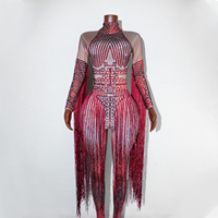 Combinaison rouge rétro à strass et franges longues, imprimé numérique 3D, robe de danse en maille pour performance sur scène de danse latine, samba, danse de salon