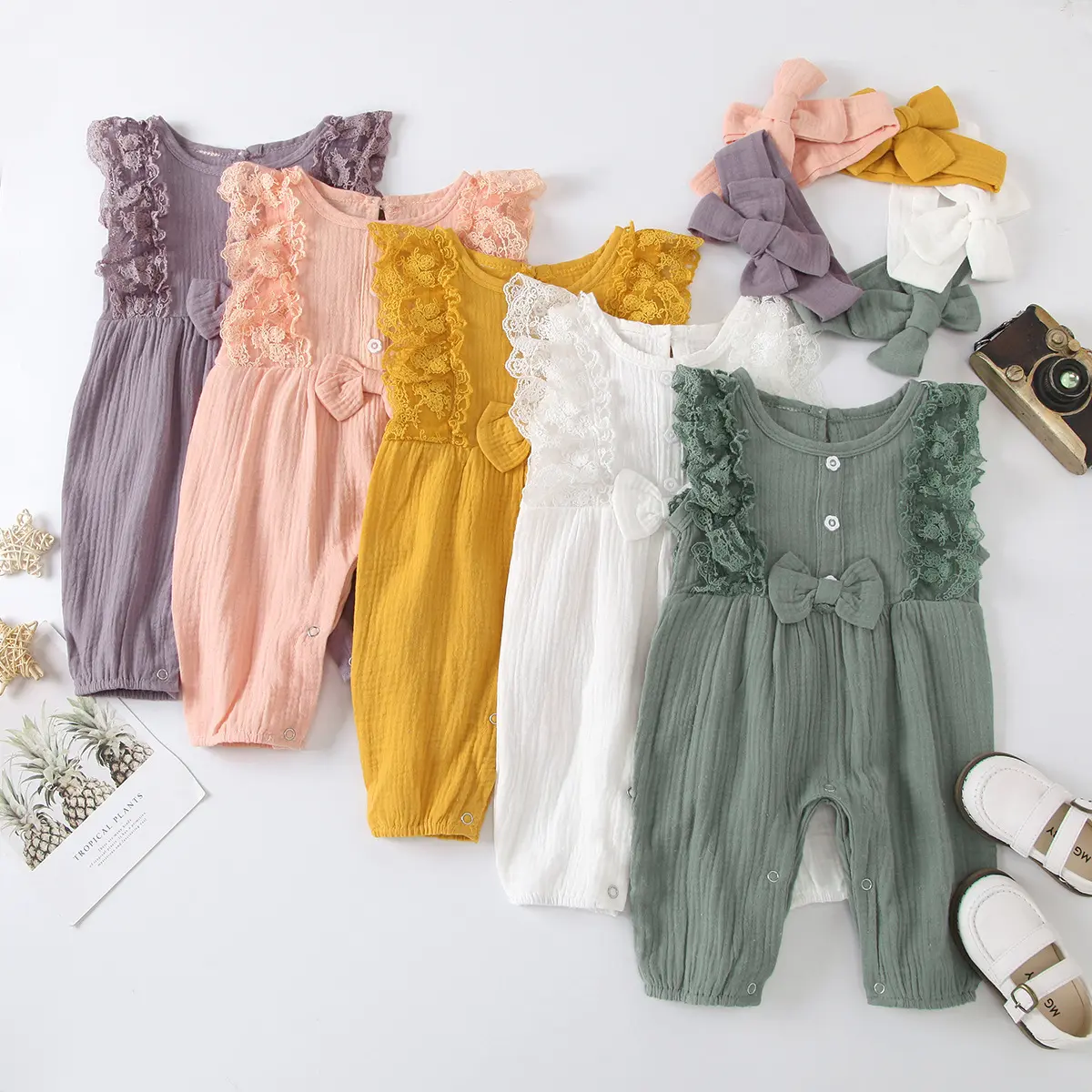 Linen Cotton Baby Girl Romper Sleeveless Ruffle Newborn Bodysuit Jumpsuit Kid Summer Clothes Outfits M3076