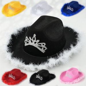 Chapeau de cowgirl occidental rose avec bordure en plumes moelleuses, couronne de princesse, chapeau de cowgirl pour femme - Product Image 3