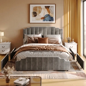<span class=keywords><strong>Letto</strong></span> contenitore in velluto grigio trapuntato a canali verticali con cassetti <span class=keywords><strong>laterali</strong></span> e testiera ondulata, mobili <span class=keywords><strong>per</strong></span> camera da <span class=keywords><strong>letto</strong></span> King/Queen Size - Product Image 1