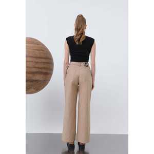 กางเกงขายาวผ้าแคนวาสทรงขาบานเอวสูงสำหรับผู้หญิง สีเบจ ระบายอากาศได้ดี มีกระเป๋า - Product Image 1