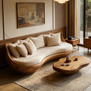 Divano Curvo in Legno Massello Personalizzato, <span class=keywords><strong>Moderno</strong></span> e Lussuoso, Forma Organica, Stile Wabi Sabi Japandi, Arredamento di Design per <span class=keywords><strong>Salotto</strong></span> - Product Image 1