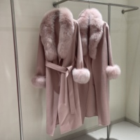 Manteau chic pour femme avec col en fourrure de renard, long, ceinturé, avec poignets en fourrure de renard, chaud, en laine double face pour l'hiver