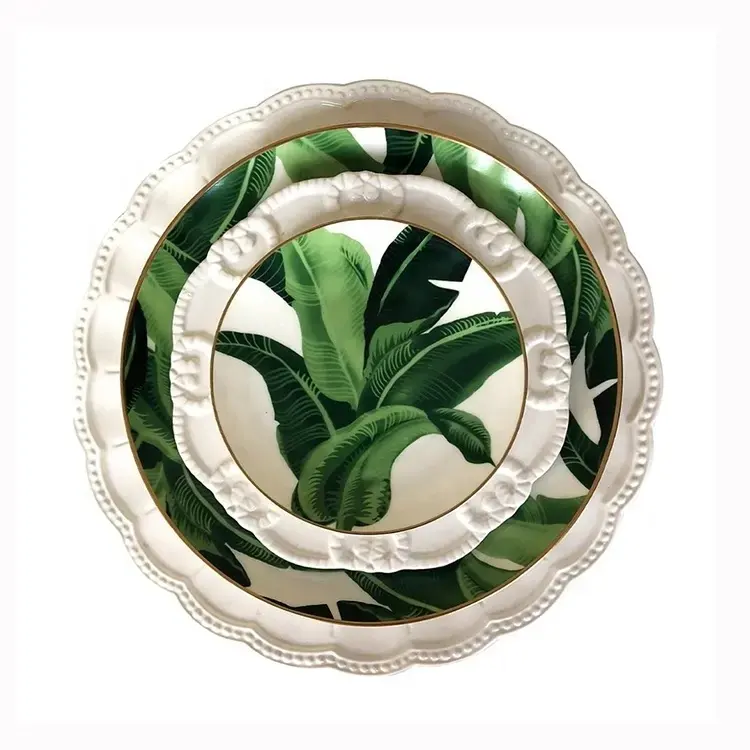 Cheap Kitchen Ware Accessories White and Green Plant Pattern Ceramic plate 4pcs