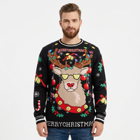 Pull de Noël pour homme en nylon/acrylique tricoté avec motif renne, manches longues, logo frontal, hiver