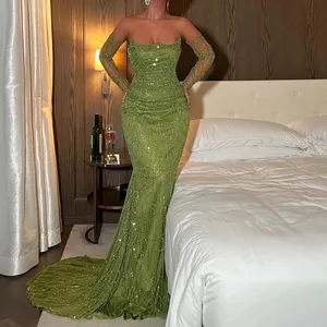 Luxury Dubai Mermaid Green Evening Dresses with Gloves 2024 Elegant Saudi Arabia Women Wedding Party Gowns SZ306