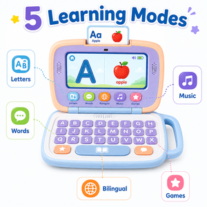 Ordinateur portable éducatif pour enfants avec logo personnalisé, jeux <span class=keywords><strong>de</strong></span> <span class=keywords><strong>quiz</strong></span> ABC, orthographe, mathématiques et <span class=keywords><strong>musique</strong></span>, jouet durable en ABS avec poignée, prix d'usine - Product Image 2