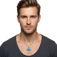 Pendentif Croix TIZTI en Acier Inoxydable avec Incrustation d'Opale Bleue Naturelle Éclatante, Couleur Argent, Charmant Pendentif Croix