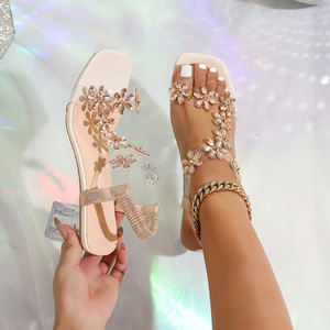 Sandalias planas de PU para todo tipo de clima para mujer con diseño de dedos descubiertos Zapatillas deslizantes de moda para el hogar Piscina Playa - Product Image 2