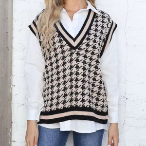 Débardeur en tricot <span class=keywords><strong>sans</strong></span> manches décontracté à col en V en acrylique 100% respirant à motif <span class=keywords><strong>pied</strong></span>-<span class=keywords><strong>de</strong></span>-<span class=keywords><strong>poule</strong></span> pour femmes personnalisé pour l'hiver - Product Image 4