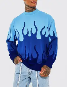 2024厂家定制男士超大火焰印花针织毛衣男士街装套头衫印花火毛衣