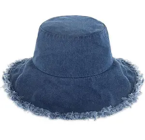 Custom Unisex Trendy Washed Cotton Floppy Wide Brim Boonie Outdoor Summer Beach Headwear Frayed Bucket Hats For Women Men