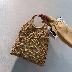 Vòng tròn bằng gỗ xử lý rơm Túi xách bãi biển mùa hè cho Phụ nữ túi bông lưới handmade dệt Túi