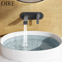 Robinet de lavabo mural OIRE moderne en laiton brossé gris anthracite avec valve en céramique, double trou, gain de place, eau chaude et froide