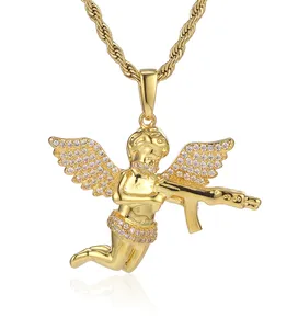 Hip Hop Rapper Punk perhiasan Vengeance Angel dengan senjata berlian emas jimat liontin rantai kalung untuk pria