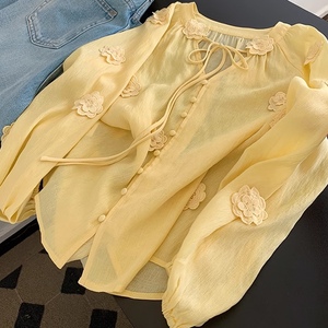 Premium Feeling 3D <span class=keywords><strong>cravatta</strong></span> floreale a manica lunga da <span class=keywords><strong>donna</strong></span> camicetta gialla top <span class=keywords><strong>camicia</strong></span> alla moda - Product Image 2