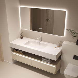 Extra-long hotel-style bathroom cabinet with integrated ceramic basin and smart mirror combination - Product Image 1