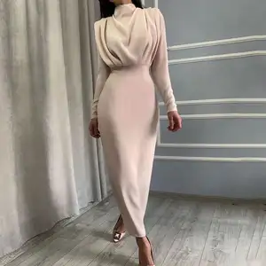 High Waist Solid Color Office Women Dress Autumn Winter Long Sleeve Bodycon Ruched Lady Evening Party Dresses