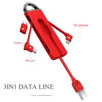 Kabel Usb 3 in 1 Tipe C Micro Charger untuk IPhone X 8 7 6 Plus IPad Air Gantungan Kunci Kabel Pengisi Daya Tersembunyi untuk Xiaomi