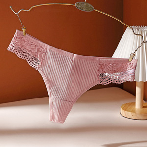 Tanga de Algodón Acanalado para Mujer, Cintura Baja, con Encaje Floral, Transpirable, Suave, con Entrepierna de Algodón, Sexy, OEM ODM - Product Image 3