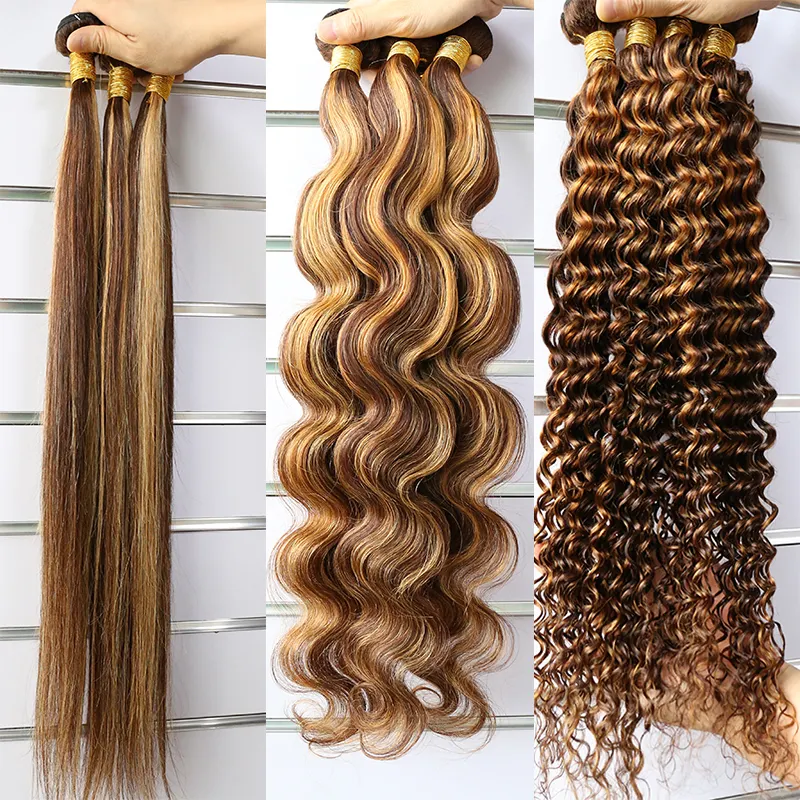 Top Quality Highlight Bundle Highlight Bundles with Closure Piano Color Hair Bundles,p4/27 Straight Hair Weave Ombre Blonde 12A