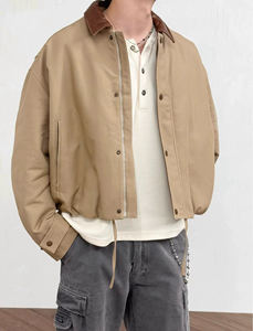 Новая высококачественная хлопковая куртка-бомбер с карманами, винтажная, из плотного холста, с кожаным воротником, для мужчин, рабочая одежда - Product Image 5