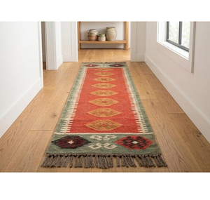 Tribal Boho <b>Runner</b> <b>Rug</b> | Handmade Wool Jute Geometric Carpet <b>for</b> Farmhouse Hallway Entryway Bedroom Living Room Decor - Product Image 1