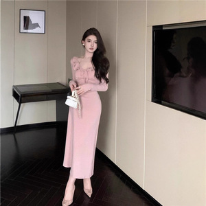 Retro V Neck Ruffled Long Dress With Tie Up Design Slim Waist Long Sleeve Sheath Evening Dress For Women Black - Product Image 5