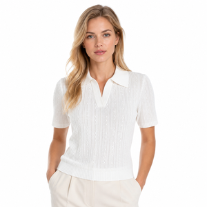 Damen <span class=keywords><strong>Strickpullover</strong></span> Kurzarm Polokragen Gestricktes Hemd Ösen-Jacquard-Sweater für Stilvolles Alltags-Layering - Product Image 1