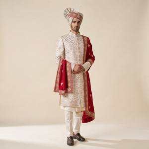 STUNNING RESHAM THREADS EMBROIDERY on ROSE GOLD GROOM SHERWANI and <b>PANT</b> WITH EMBELLISHED CRYSTAL GLASS BEADS,DABKA WORK = 2024 - Product Image 4
