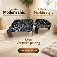 Ensemble de 2 tables basses gigognes de luxe modernes avec plateau en placage de pierre translucide rétroéclairé et pieds en bois massif pour salon, fabrication OEM sur mesure