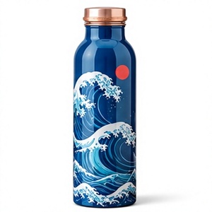 Aesthetic Blue <b>Metal</b> <b>Water</b> <b>Bottle</b> with Copper Lid and Japanese Wave Art - Product Image 1