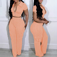 Conjunto de Verano Casual de Punto Sólido al por Mayor para Mujer: Top Corto con Cremallera y Solapa de Manga Tres Cuartos y Pantalones Cargo Acampanados de Pierna Ancha con Múltiples Bolsillos