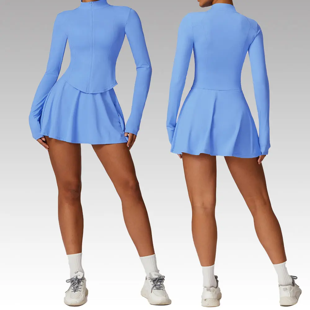 Autumn/Winter Slimming Long Sleeve Activewear Gym Wear Workout Zipper Jacket High Elastic Mini Short Skirt