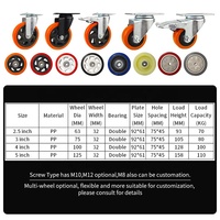 Roulettes à usage moyen en PP blanc noir roues pivotantes avec roulettes de frein 1.5 "2" 2.5 "3" 4 "5" pouces pour outil de chariot de chariot de déménageurs de meubles