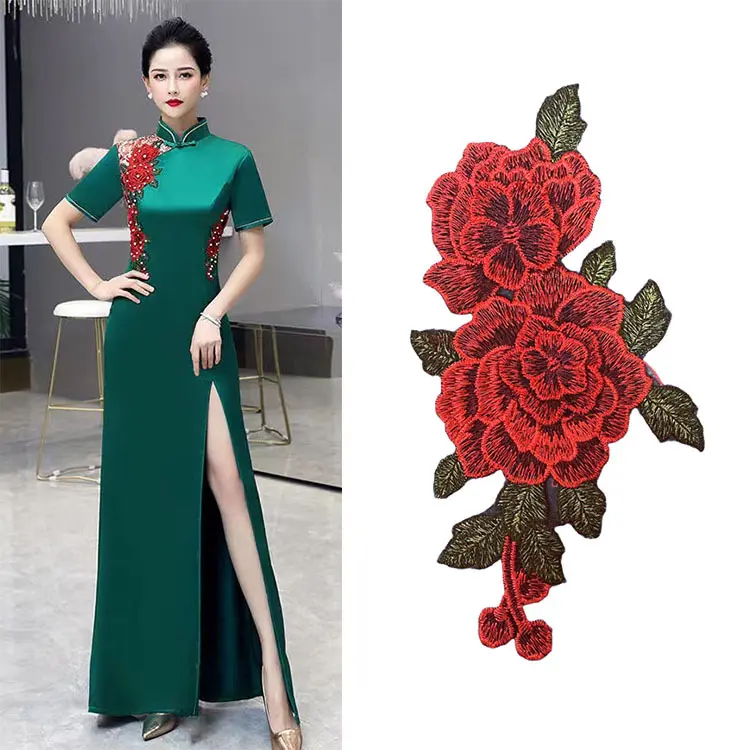 Фабрика по индивидуальному заказу великолепное платье Красный цветок 3D кружевная отделка Вышивка розовое кружево Водорастворимая Вышивка
