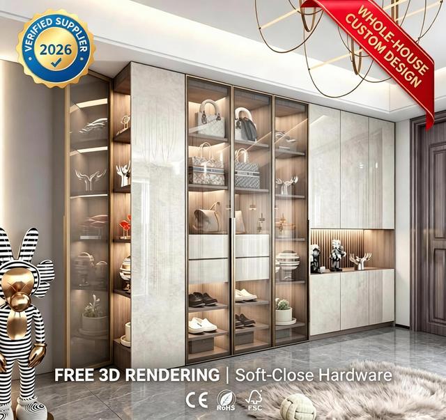 Modern Luxury Entryway Cabinet with Glass Display Doors and Open Shelves, Customizable Wall-Mounted Storage System for Hallways