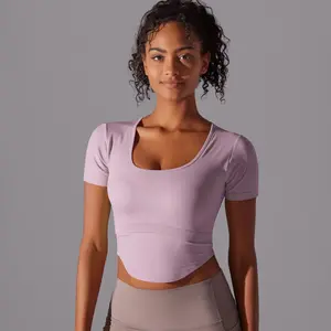 Camiseta de mujer sin costuras de color sólido cuello bajo manga corta altura ajustada elástica deportes correr fitness yoga desgaste