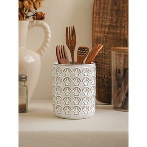 Pot de rangement en céramique en forme de coquille Saint-Jacques, porte-ustensiles de cuisine, design rétro, récipient décoratif multifonctionnel - Product Image 1