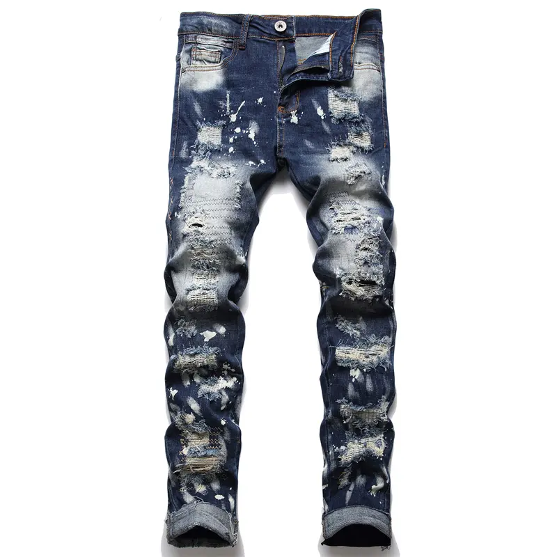 AIPA New Men's Slim Jean Pants For Men Paint Street Style Hole Patched Ripped Loose Fashion Denim Jeans