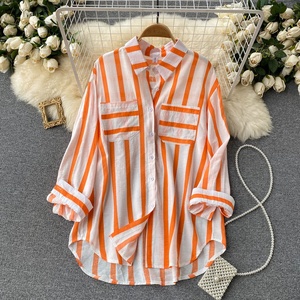 <span class=keywords><strong>Camicette</strong></span> e camicie da donna di moda con risvolto a maniche lunghe Casual in stile coreano a righe primaverili e autunnali - Product Image 5