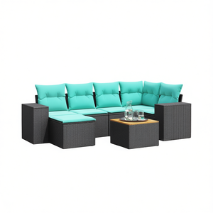 Set Divano da Esterno Moderno in Polyrattan Nero 7 Pezzi con Cuscini Design Contemporaneo - Product Image 1