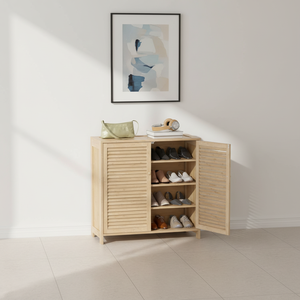 <strong>Shoe</strong> Storage Cabinet with Louvered Doors Adjustable Shelves Footwear Cupboard for Hallway Entryway Natural Wood Finish - Product Image 4