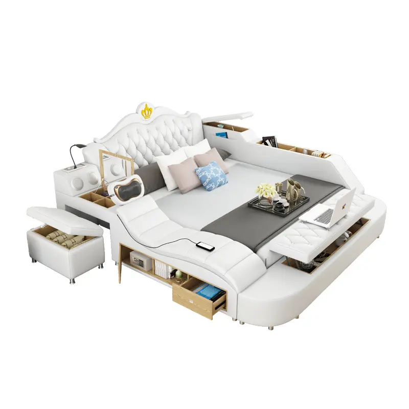 2024 multifunctional smart bed leather king size bed frame with wireless charger massage bedroom furniture set with storage